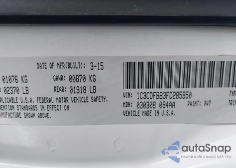 2015 Dodge Dart Sxt z USA, uszkodzony, nr VIN 1C3CDFBB3FD285950